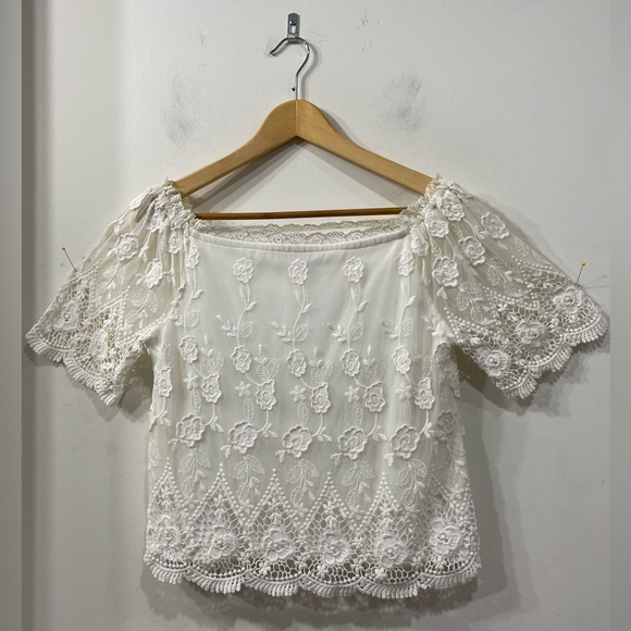 Parisian Collection White Lace Boat neck Short Sleeve Blouse Top size M - Picture 2 of 14